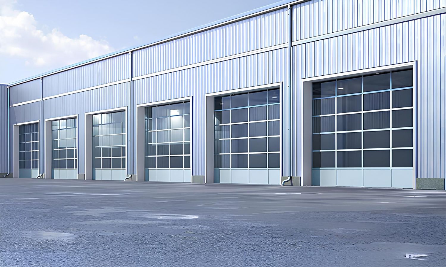 Mehrere Industrietore eine Industriegebäudes mit Glasfassade